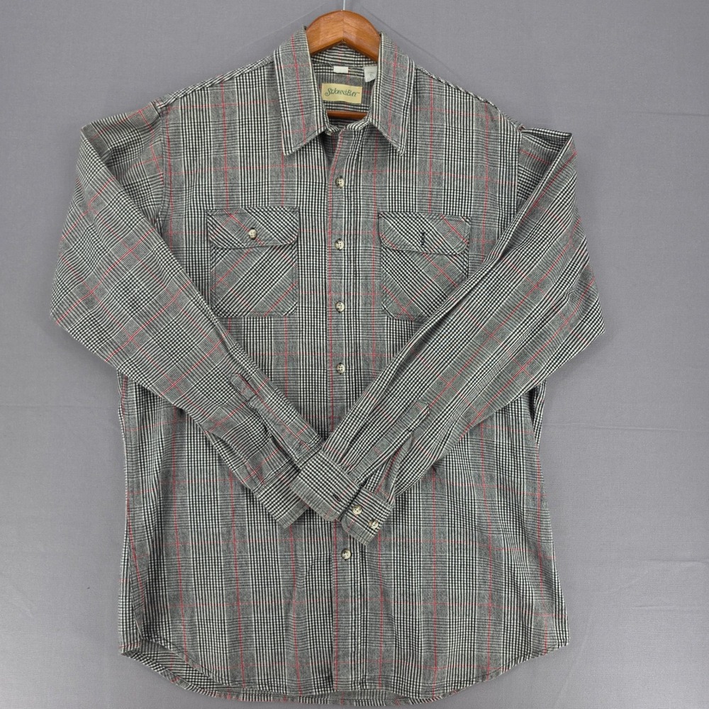 St Johns Bay Mens XL Tall Flannel Shirt Grey Red Plaid Long Sleeve Cotton USA